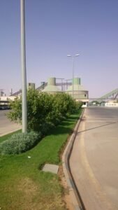 تنسيق حدائق جميل مع نباتات خضراء في محيط صناعي لمصنع.