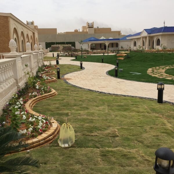 تصميم حديقة تحتوي على مسارات من الحجر وزهور ملونة وأضواء أرضية.