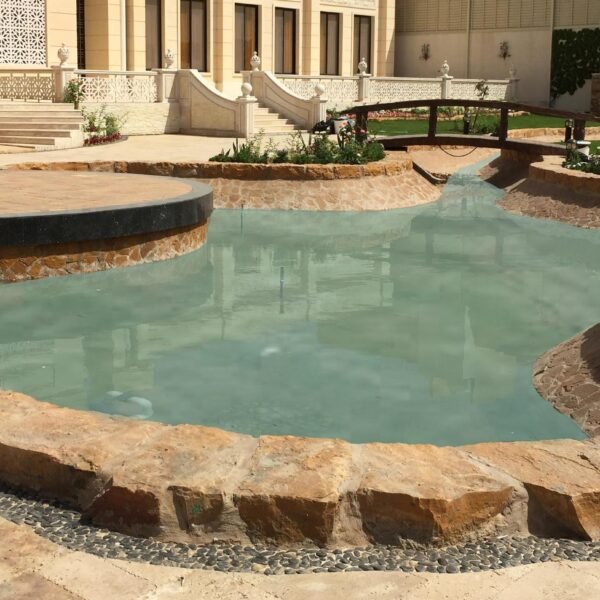 بركة مائية محاطة بحجارة طبيعية مع حواف دائرية وزهور ملونة حولها.