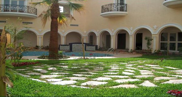 حديقة داخلية تحتوي على مساحات خضراء وأحجار مبلطة مع شجرة نخيل ومسبح في الخلفية.