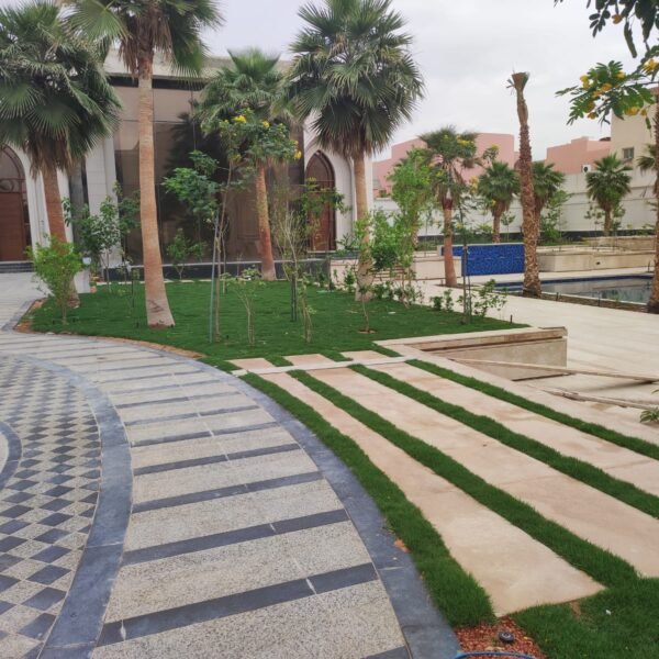 حديقة تحتوي على ممرات حجرية ونباتات خضراء وأشجار في تصميم منظم.