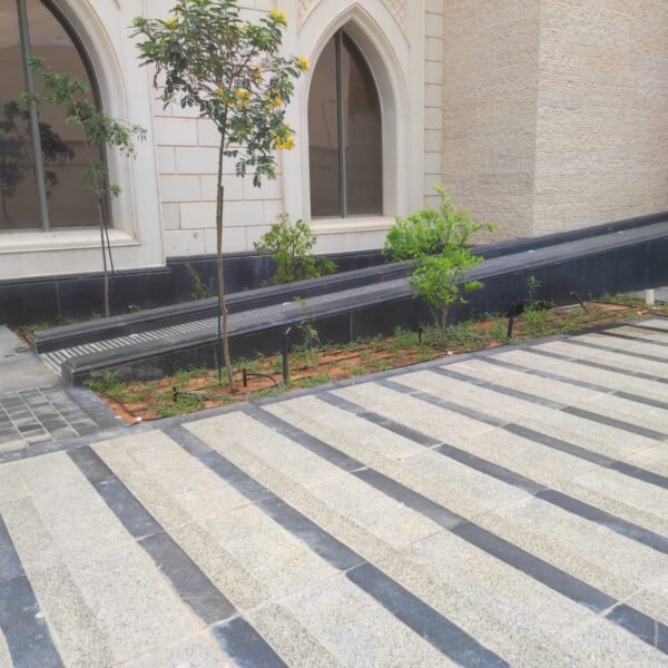 مساحة خارجية تحتوي على ممر مائل وزرع صغير بجانب جدران مبنى.